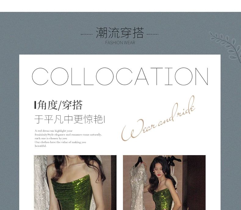 Mermaid Ruched Strapless Evening Slit Sequin Gown Trained