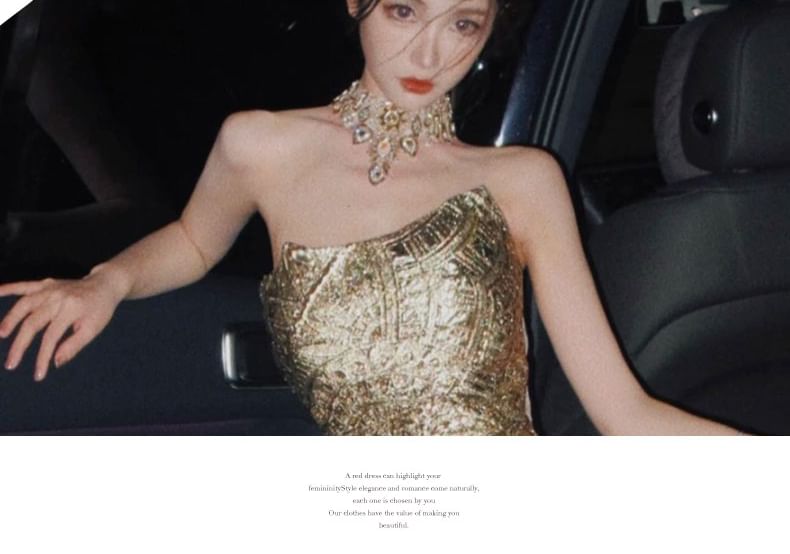 Patterned Evening A-Line Strapless Gown Jacquard