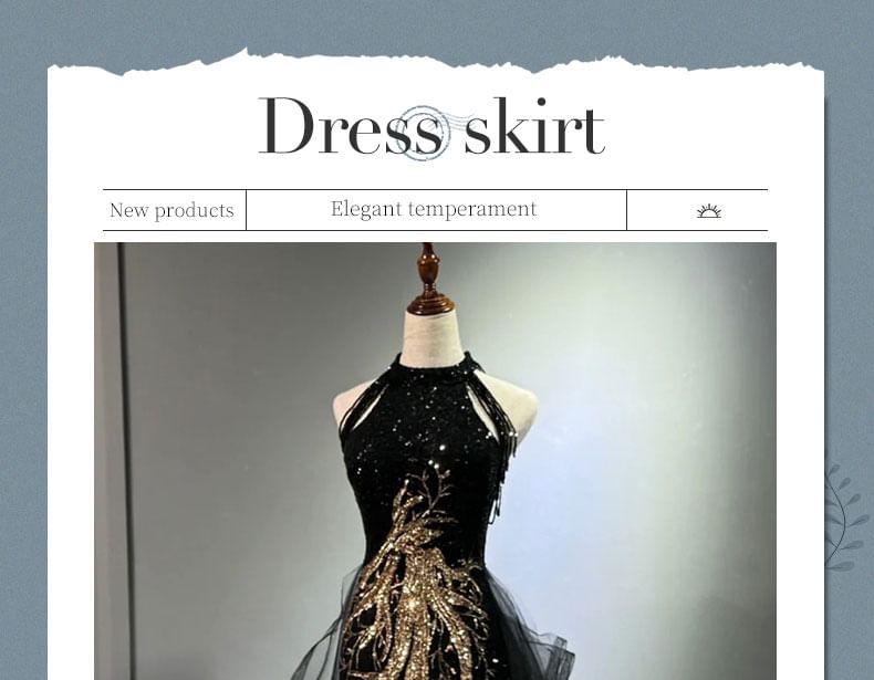 Shoulder Halter Mermaid Mesh Panel Neck Evening Fringed Gown Cold Sequin