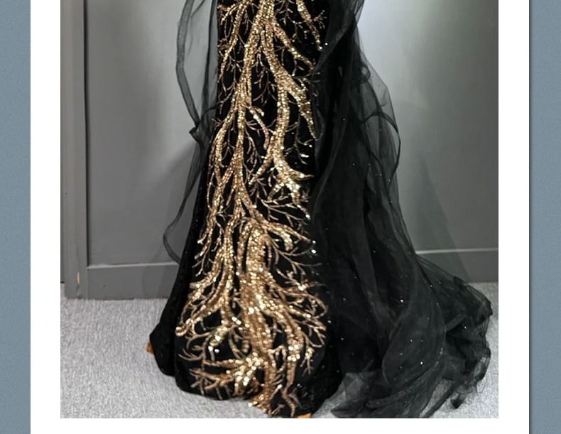 Shoulder Halter Mermaid Mesh Panel Neck Evening Fringed Gown Cold Sequin