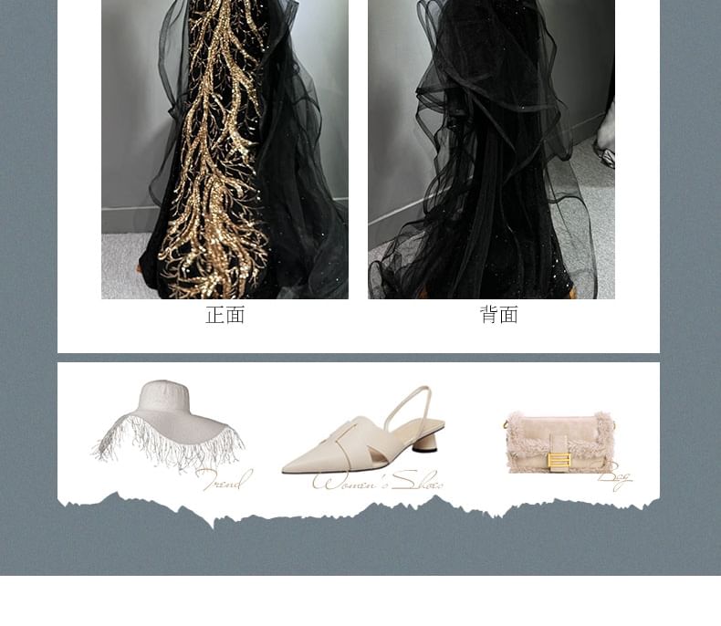 Shoulder Halter Mermaid Mesh Panel Neck Evening Fringed Gown Cold Sequin