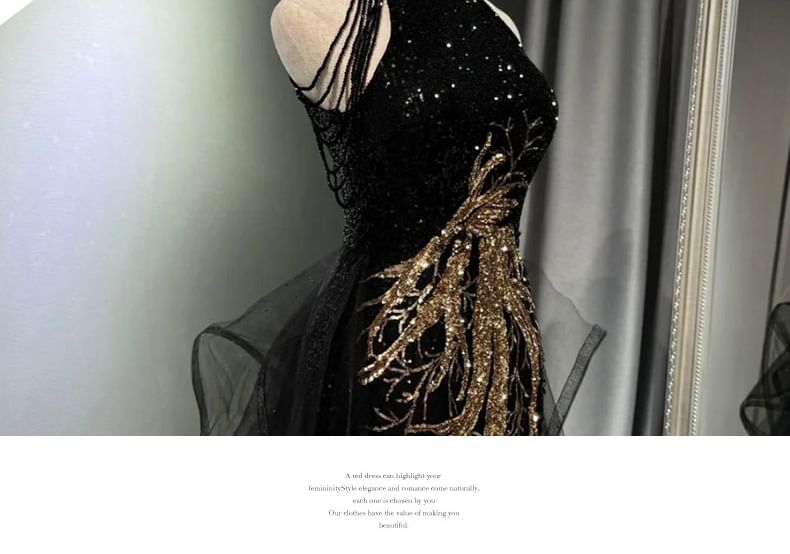 Shoulder Halter Mermaid Mesh Panel Neck Evening Fringed Gown Cold Sequin