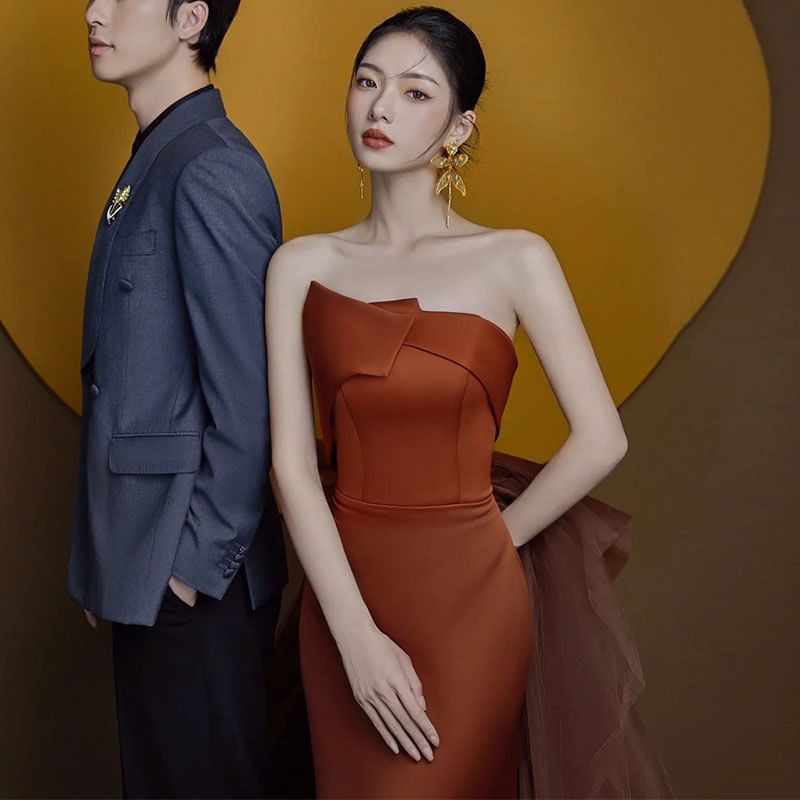 Bow Gown Plain Evening Mermaid Trained Back Strapless