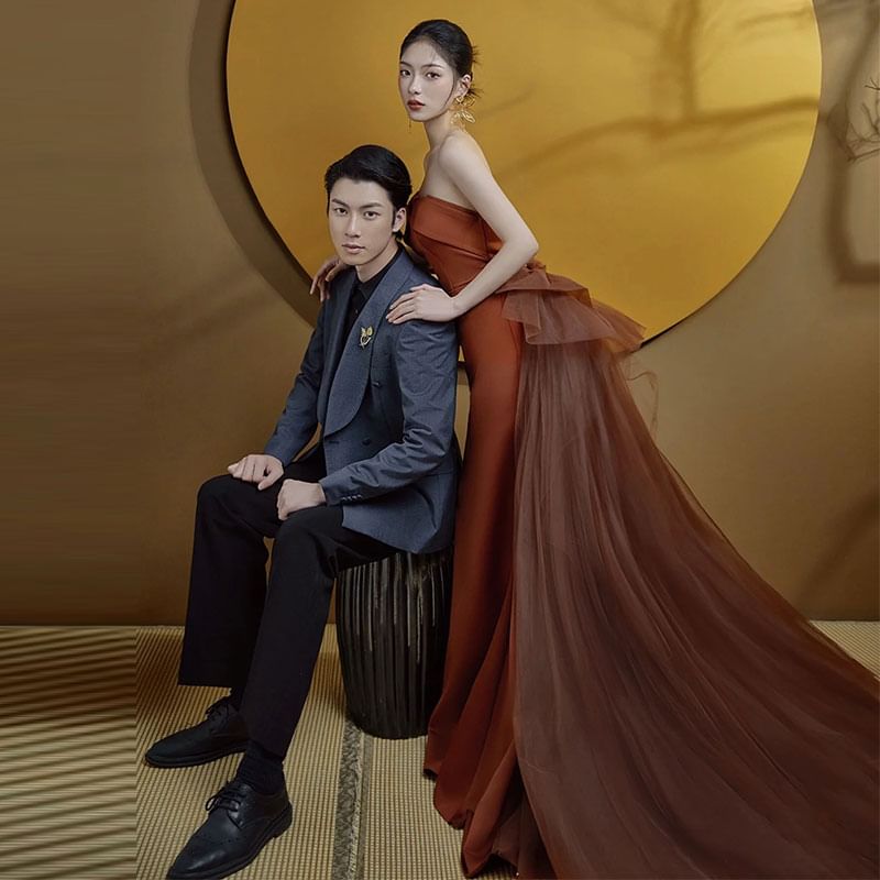 Bow Gown Plain Evening Mermaid Trained Back Strapless