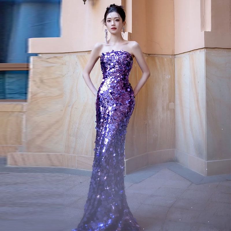Strapless Gown Mermaid Sequin Evening Plain