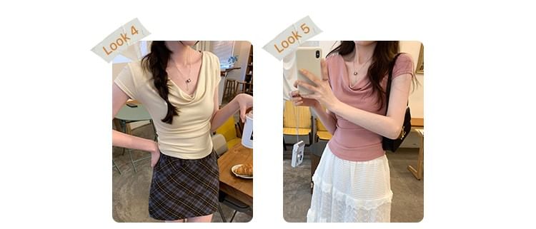 Tee Plain Ruched Short-Sleeve Off-Shoulder Crop