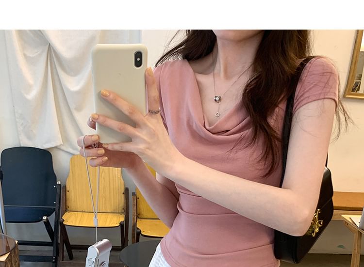 Tee Plain Ruched Short-Sleeve Off-Shoulder Crop