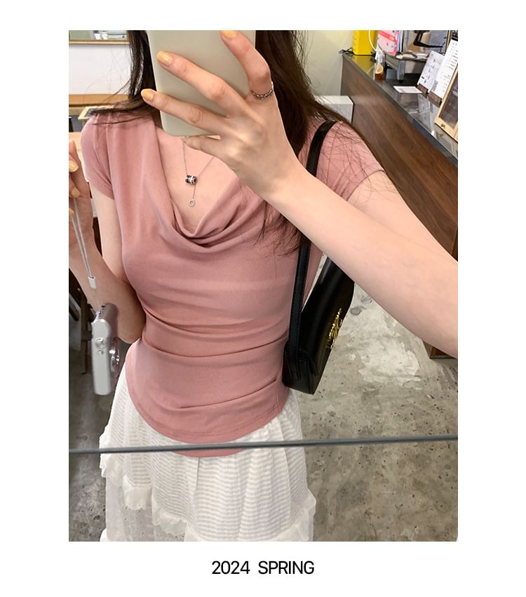 Tee Plain Ruched Short-Sleeve Off-Shoulder Crop