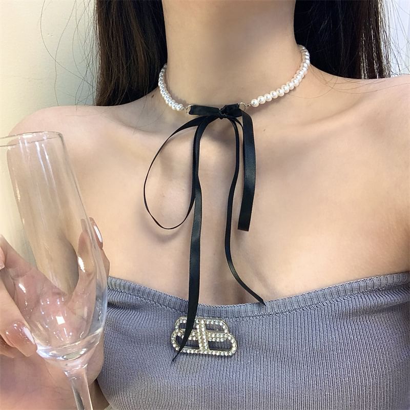 Earring Choker Bow Pearl Faux / Hoop