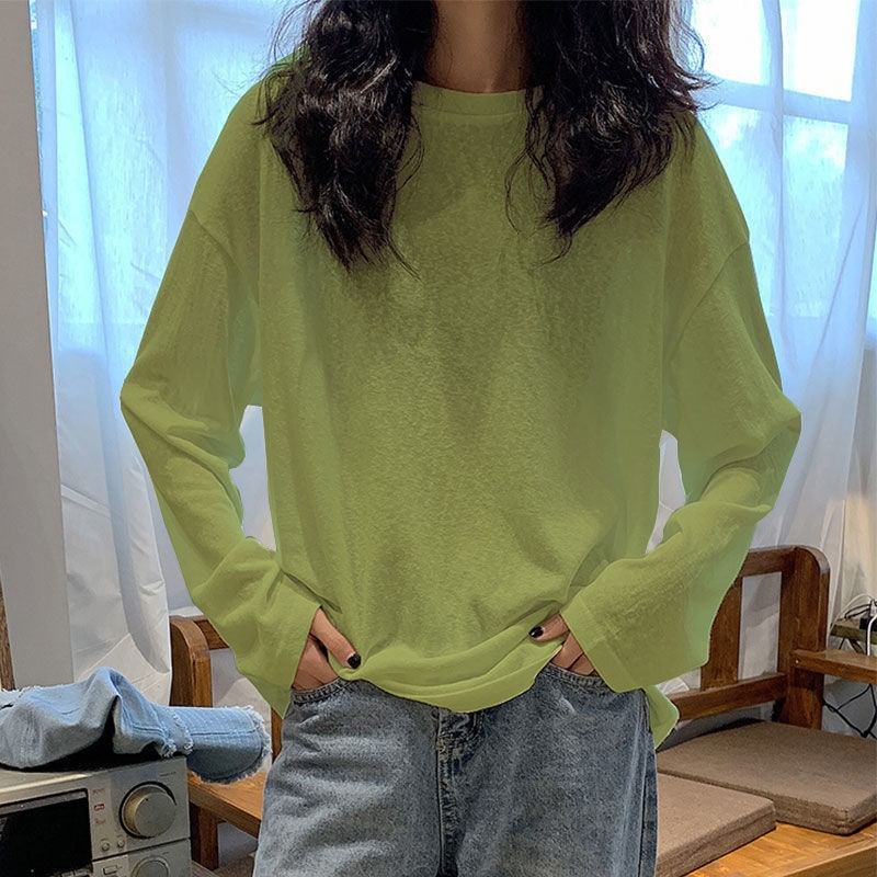 Neck Crew Long-Sleeve Plain Oversized Tee