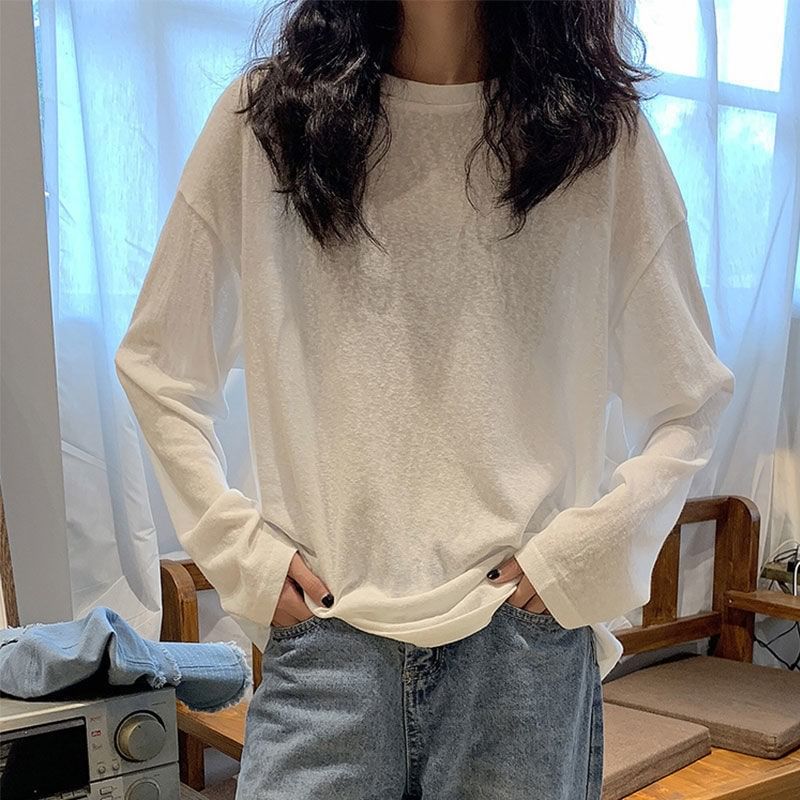 Neck Crew Long-Sleeve Plain Oversized Tee