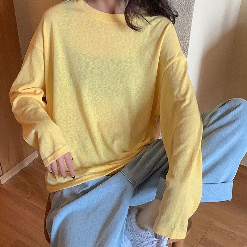 Neck Crew Long-Sleeve Plain Oversized Tee