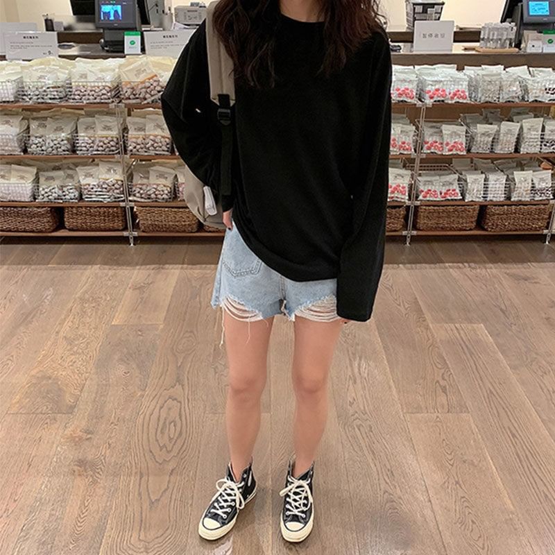 Neck Crew Long-Sleeve Plain Oversized Tee