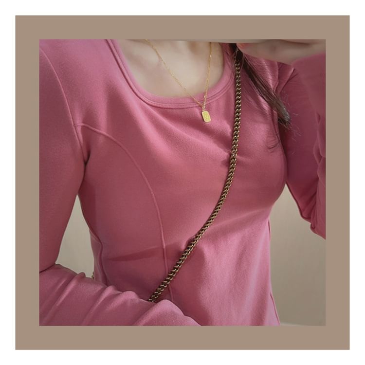 Neck Long-Sleeve Plain Asymmetrical T-Shirt Scoop
