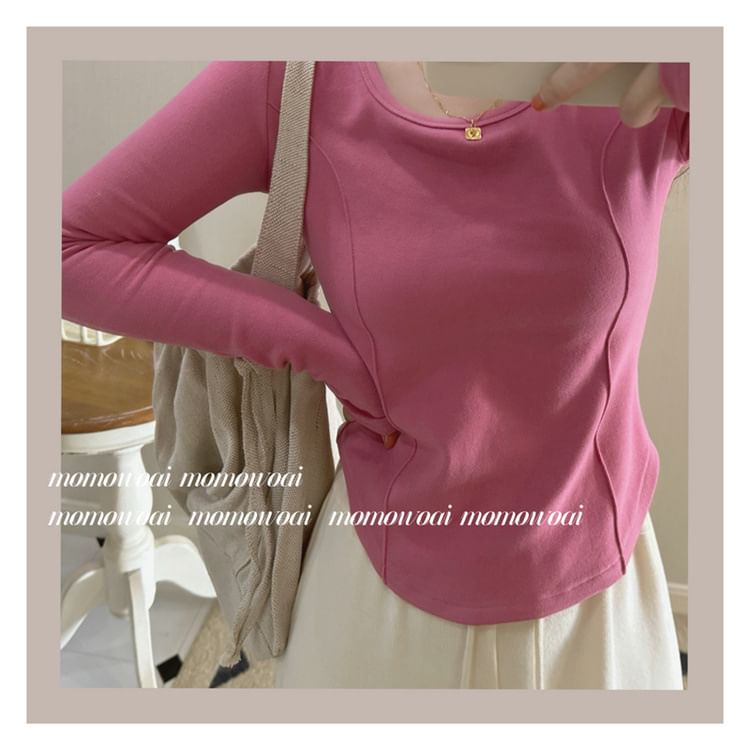 Neck Long-Sleeve Plain Asymmetrical T-Shirt Scoop