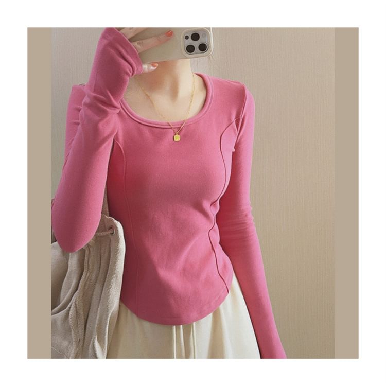 Neck Long-Sleeve Plain Asymmetrical T-Shirt Scoop