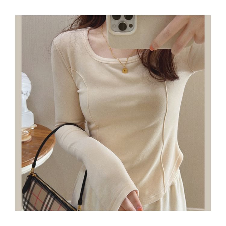 Neck Long-Sleeve Plain Asymmetrical T-Shirt Scoop