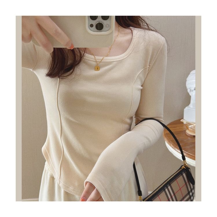 Neck Long-Sleeve Plain Asymmetrical T-Shirt Scoop