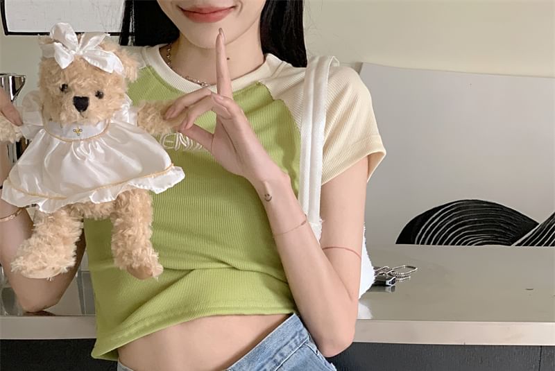 Short-Sleeve Letter Embroidered Cropped T-Shirt Neck Crew