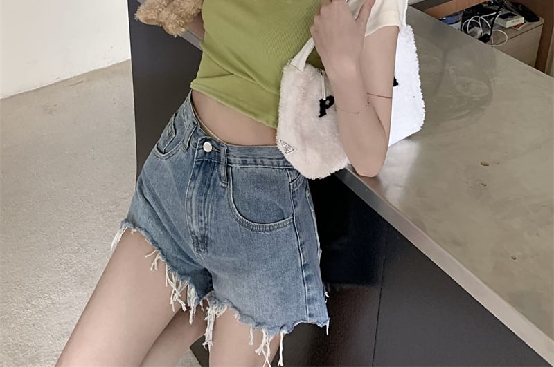 Short-Sleeve Letter Embroidered Cropped T-Shirt Neck Crew