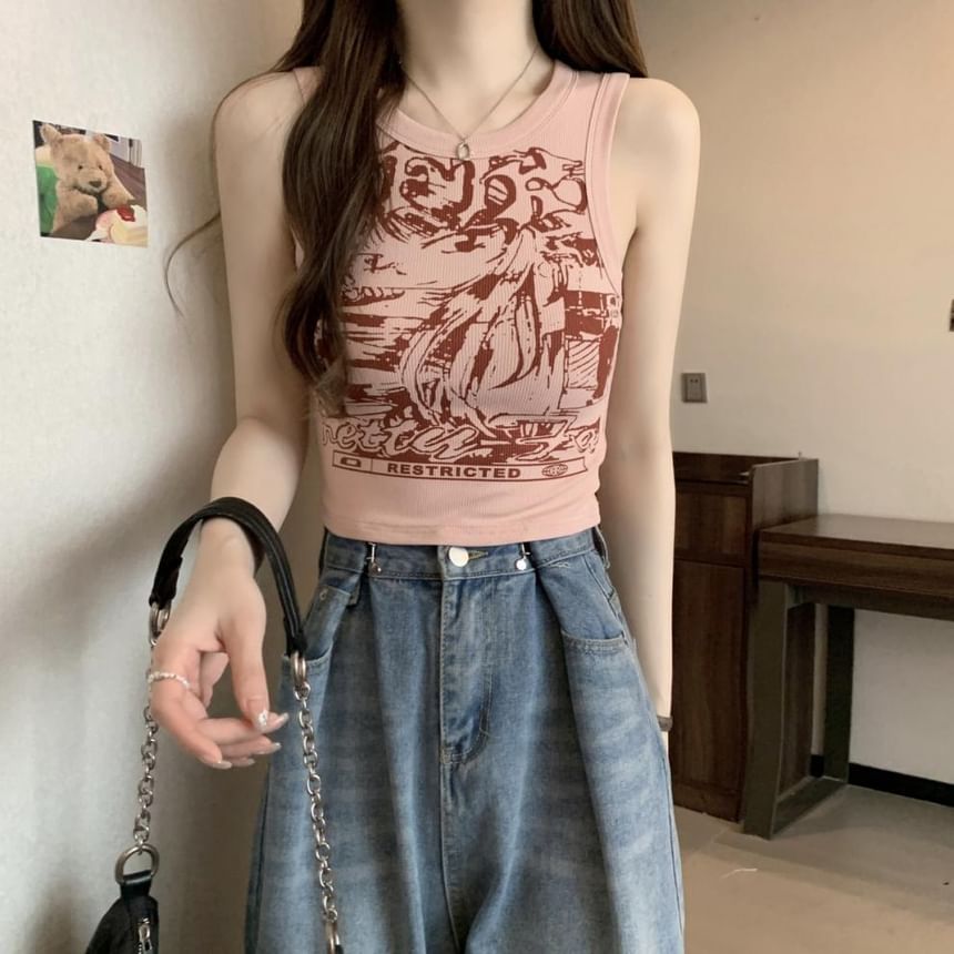 Tank Round Crop Graphic Top Print Neck