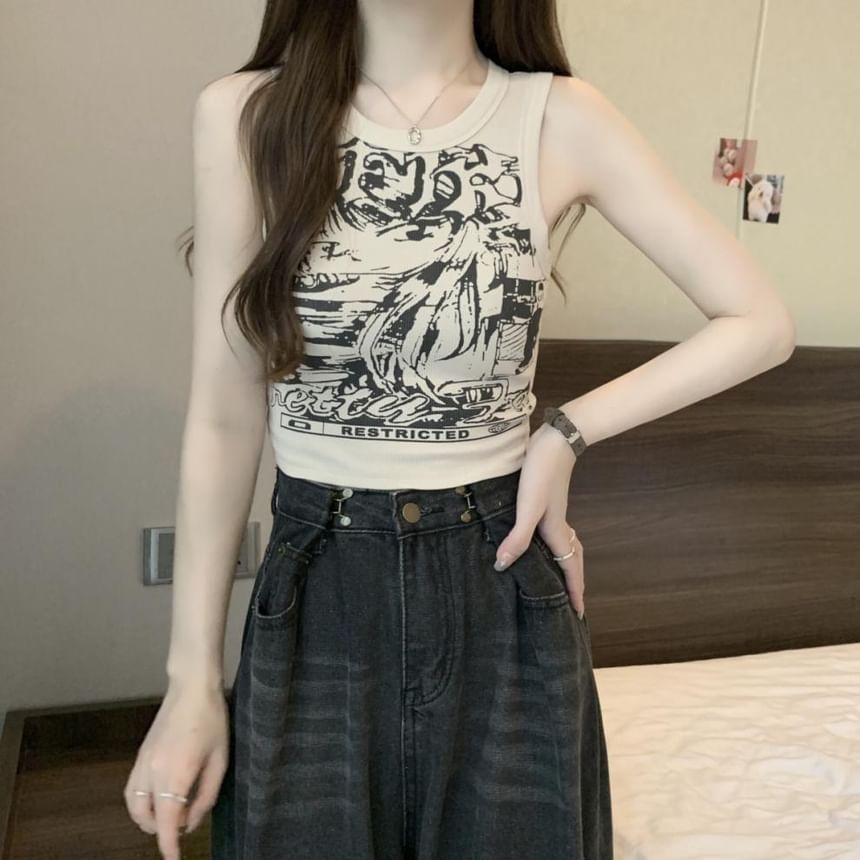 Tank Round Crop Graphic Top Print Neck