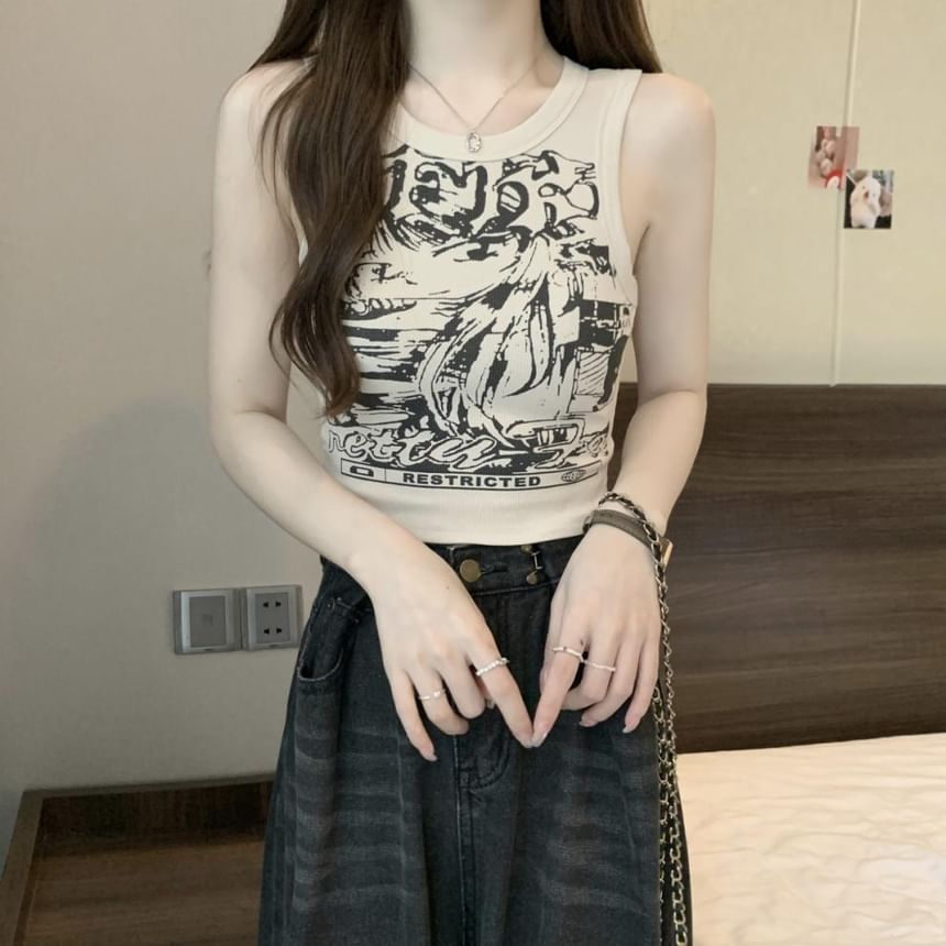 Tank Round Crop Graphic Top Print Neck