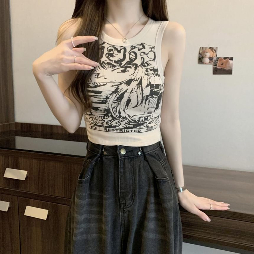 Tank Round Crop Graphic Top Print Neck