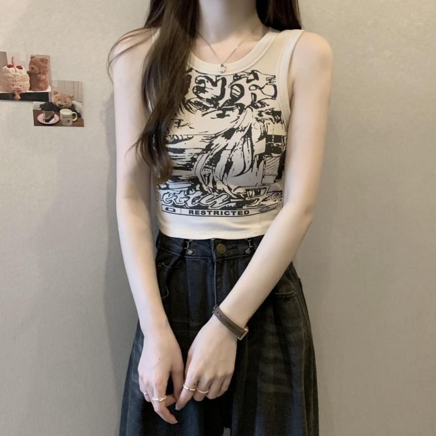 Tank Round Crop Graphic Top Print Neck