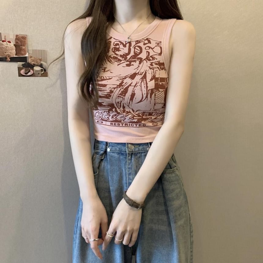 Tank Round Crop Graphic Top Print Neck