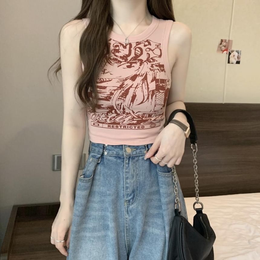 Tank Round Crop Graphic Top Print Neck