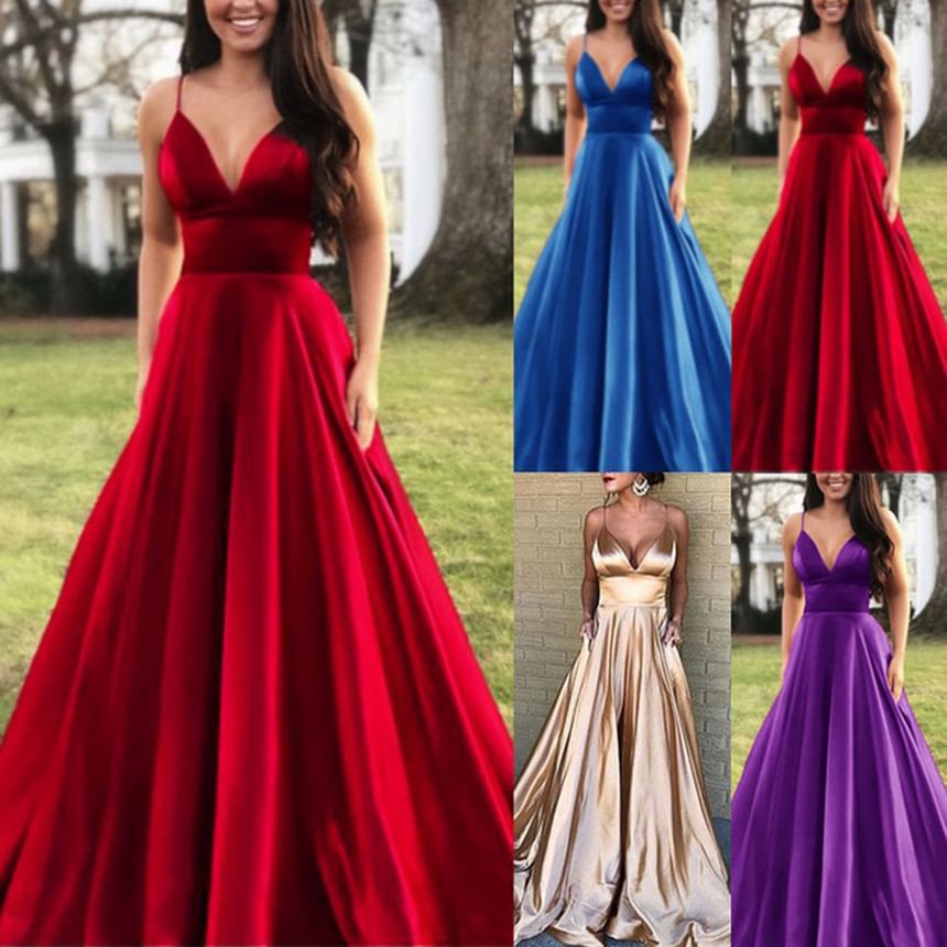 Strap Plain Evening Spaghetti Gown A-Line