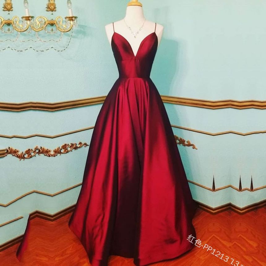 Strap Plain Evening Spaghetti Gown A-Line