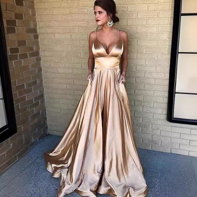 Strap Plain Evening Spaghetti Gown A-Line