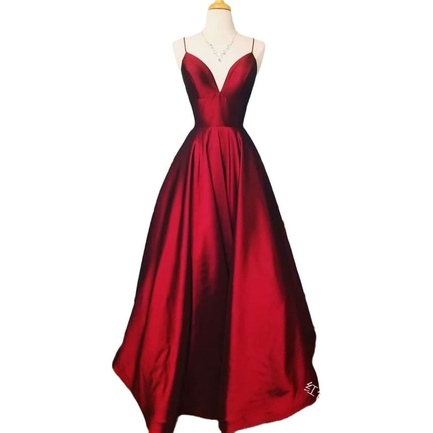 Strap Plain Evening Spaghetti Gown A-Line