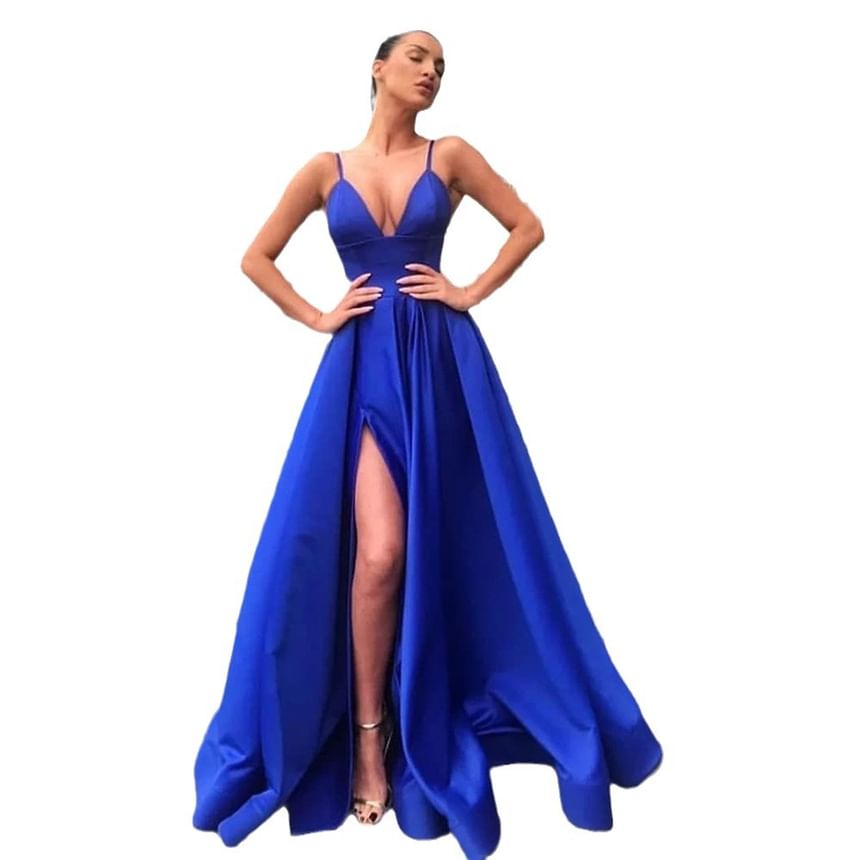 Evening Strap Side-Slit Spaghetti A-Line Gown