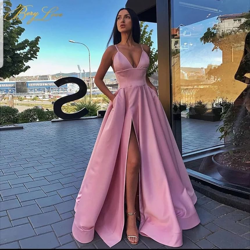 Evening Strap Side-Slit Spaghetti A-Line Gown