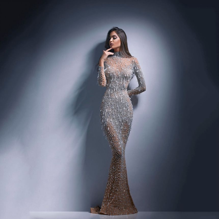 Mermaid Gown Evening Rhinestone Long-Sleeve