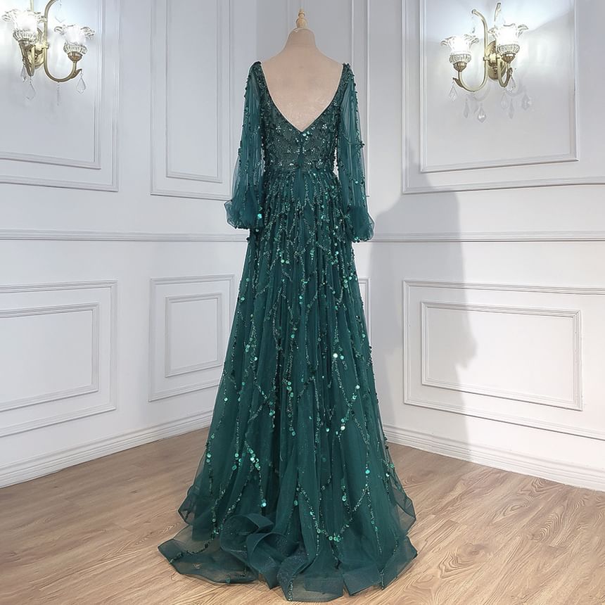 Evening Puff-Sleeve Gown Sequin A-Line