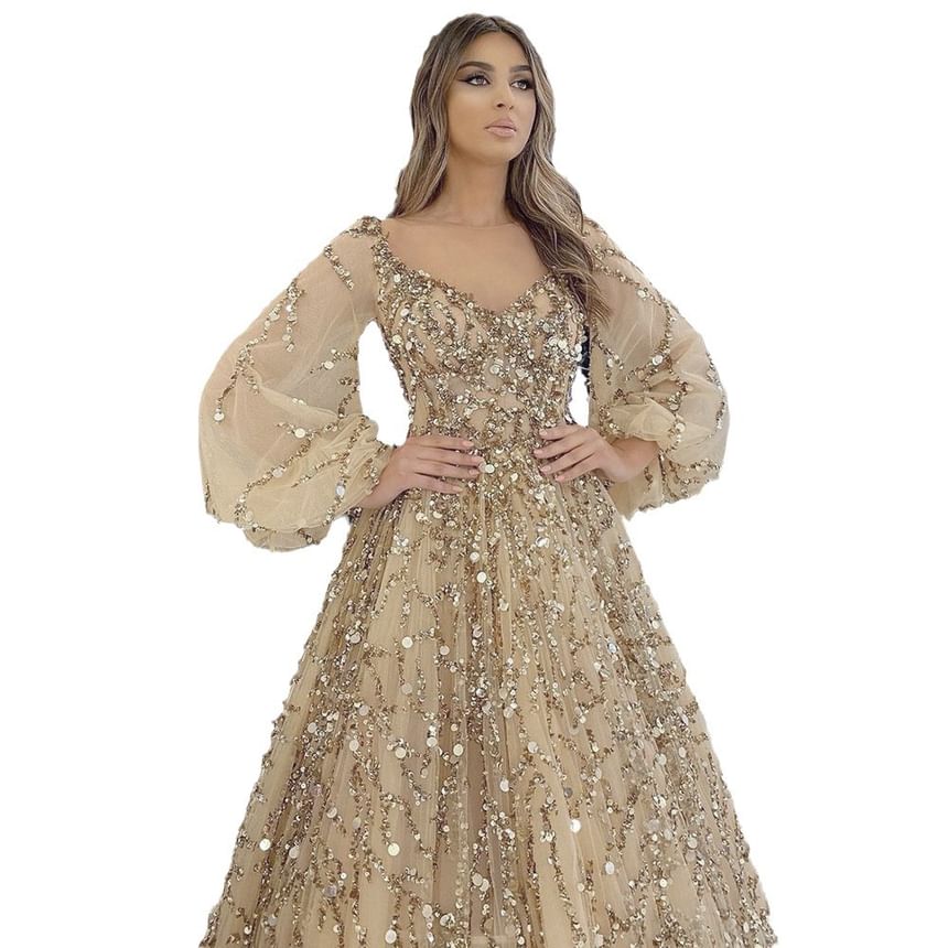 Evening Puff-Sleeve Gown Sequin A-Line