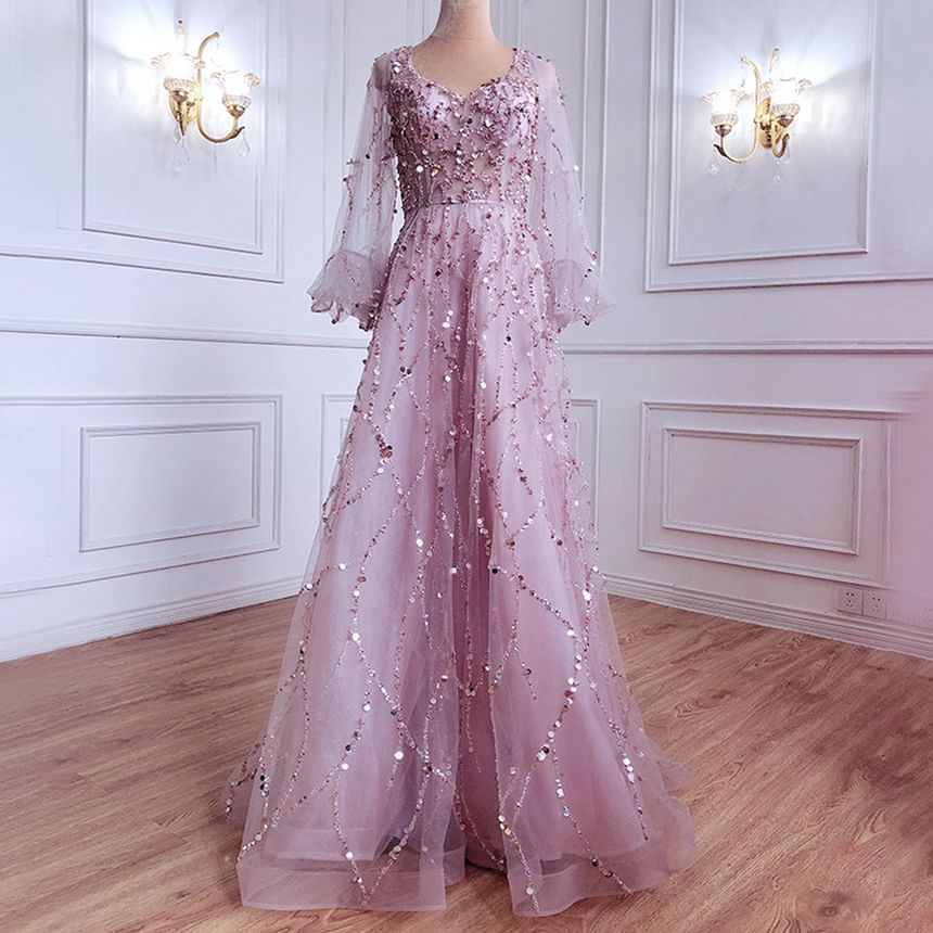 Evening Puff-Sleeve Gown Sequin A-Line