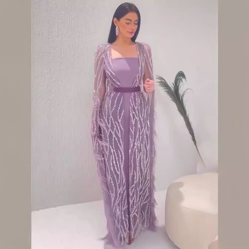 Gown Flared-Sleeve Sequin Sheath Evening