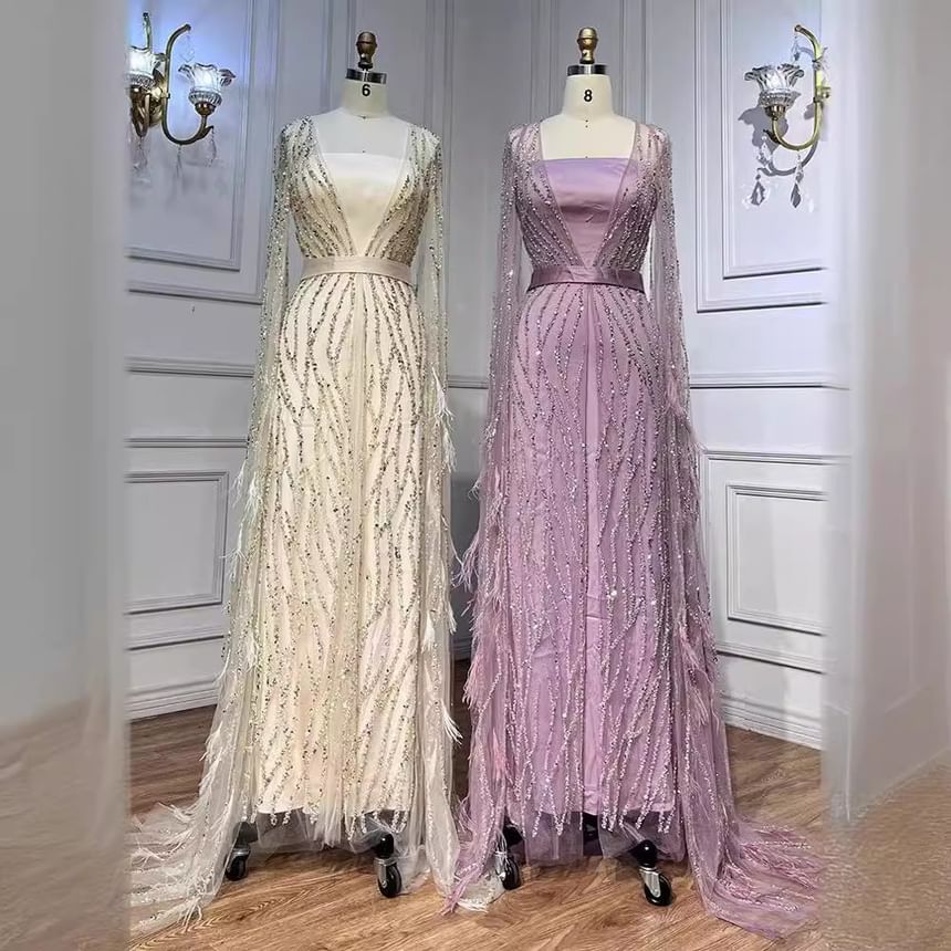 Gown Flared-Sleeve Sequin Sheath Evening