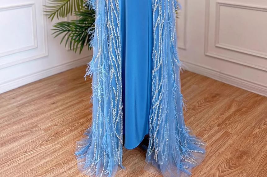 Gown Flared-Sleeve Sequin Sheath Evening