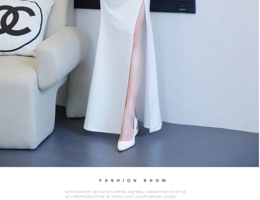 Slit Mermaid Strap Spaghetti Evening V-Neck Gown Plain