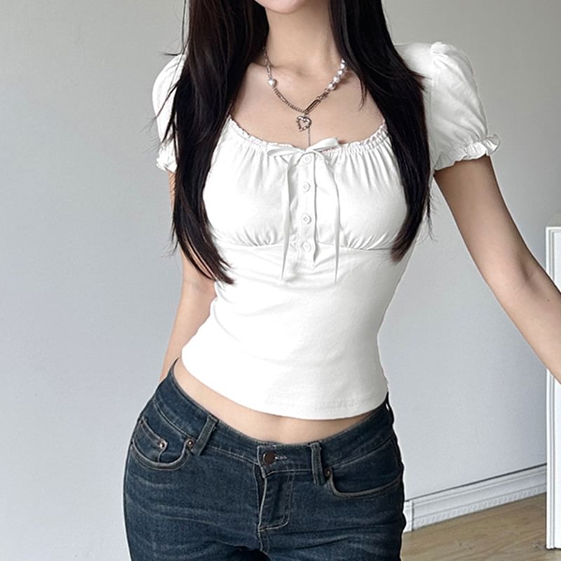 Slim-Fit Accent Bow Short Ruffled-Trim Sleeve Square-Neck Ribbon