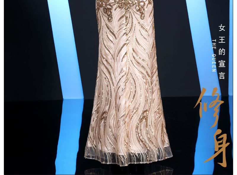 Short-Sleeve Evening Gown Neck Trumpet Sequin Round Patterned