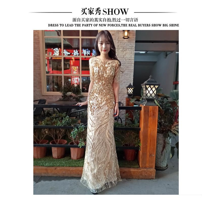 Short-Sleeve Evening Gown Neck Trumpet Sequin Round Patterned