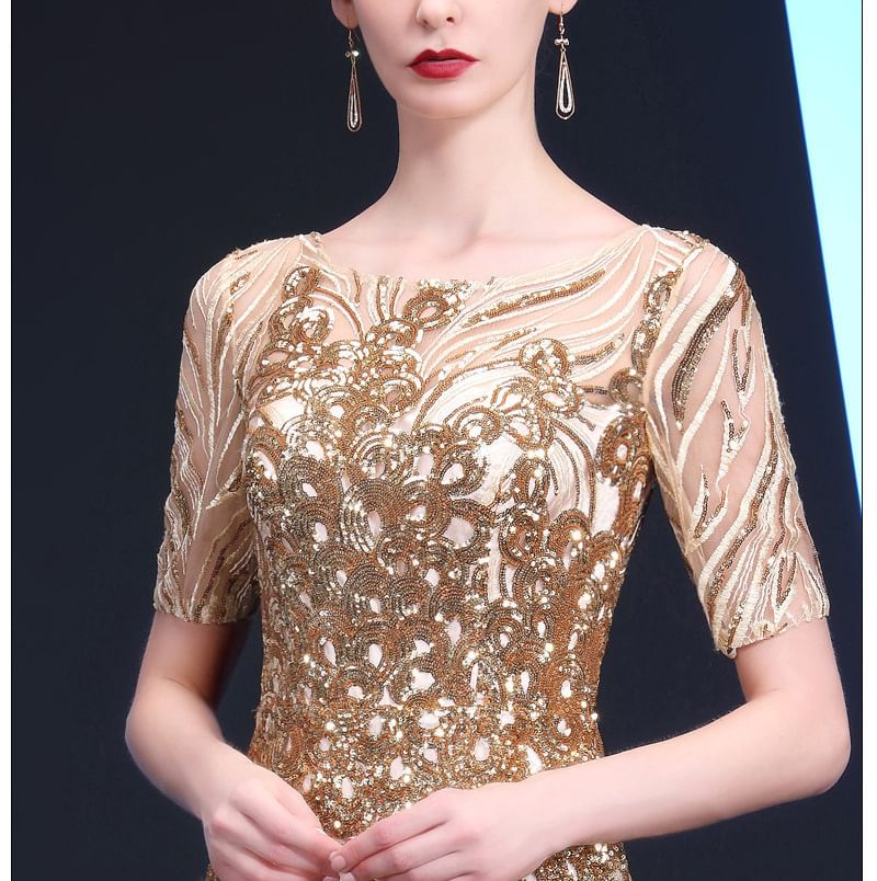 Short-Sleeve Evening Gown Neck Trumpet Sequin Round Patterned