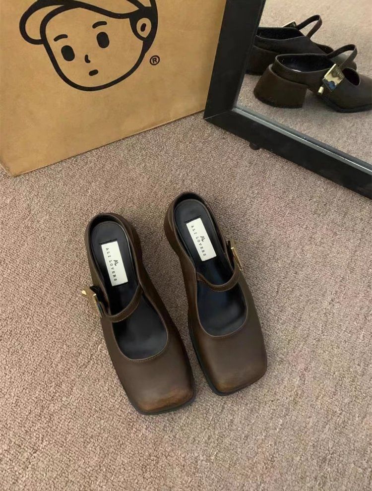 Chunky Heel Mules Square Toe